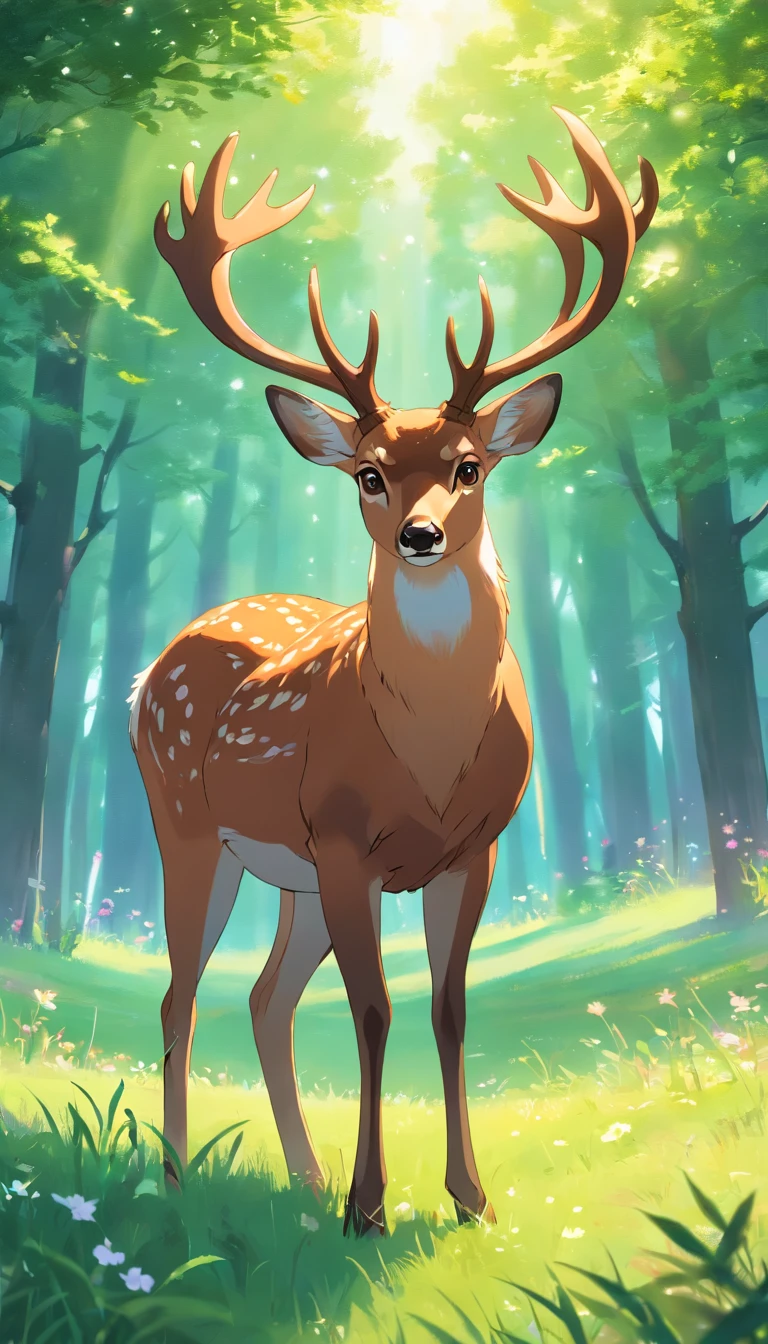 a detailed anime drawing of a brown deer that gives off a aura of grace with large heart-shaped antlers and green eyes dashing through a meadow by itself