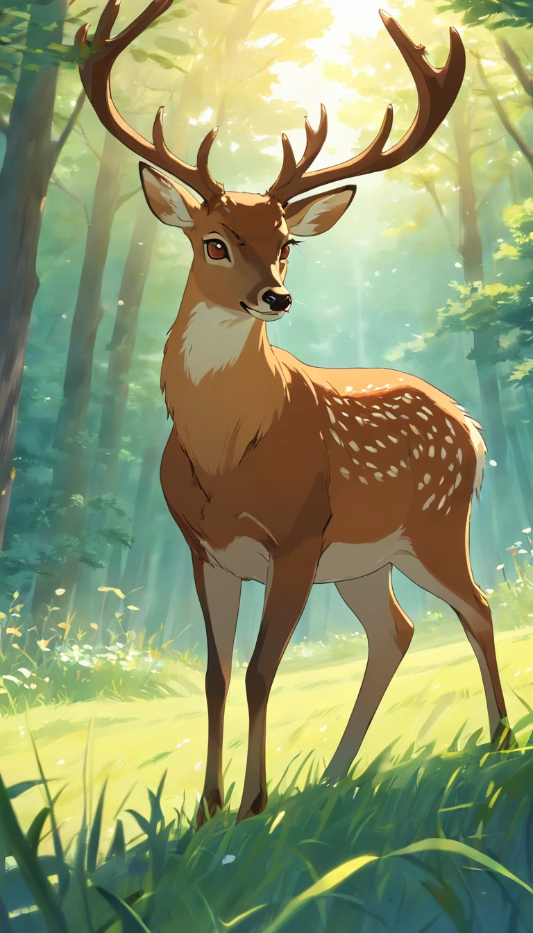A detailed animated cartoon,A brown deer exudes an aura of elegance, Large antlers, Green eyes walk through the meadow alone
