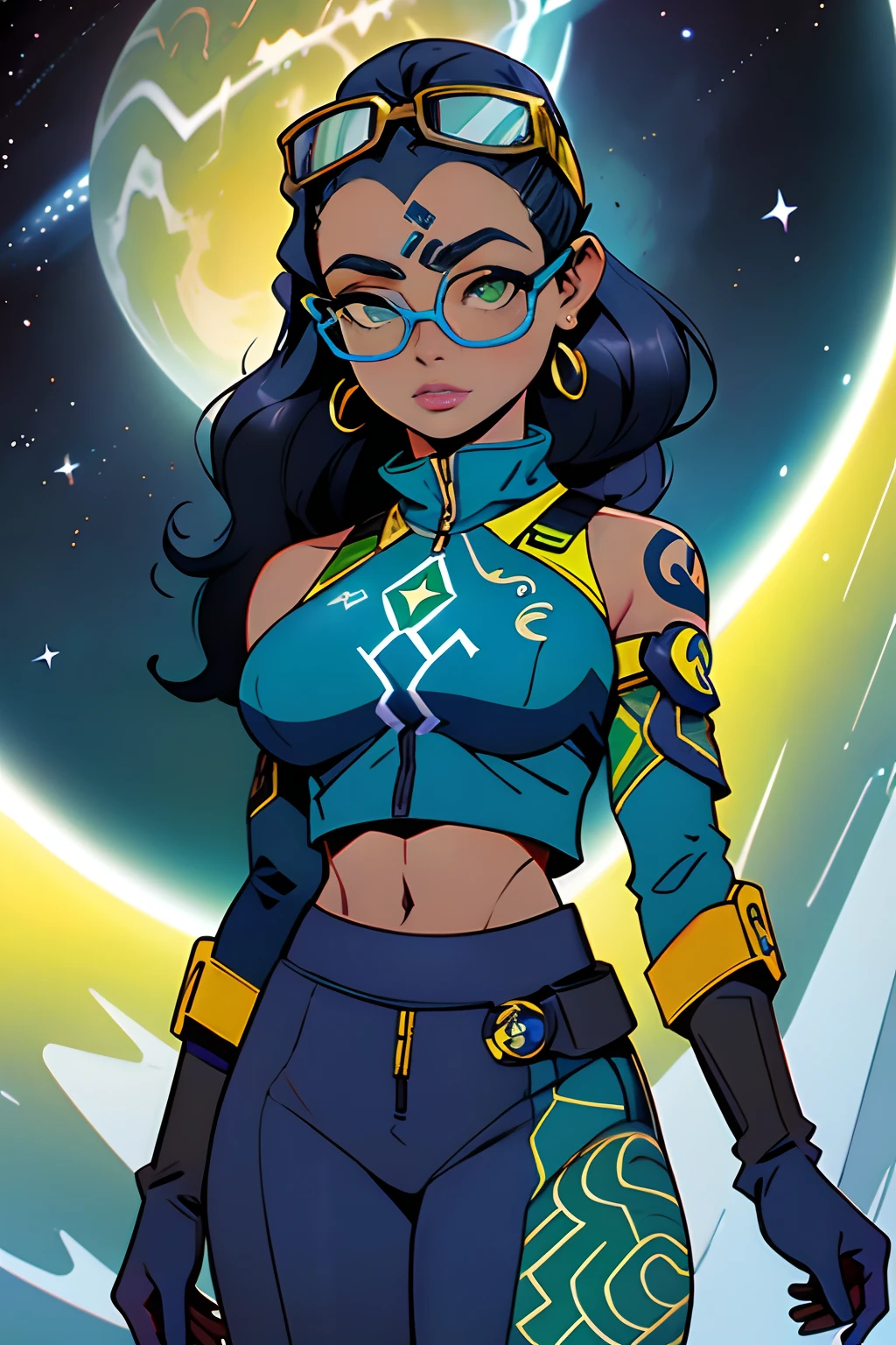 (Tristeague de lendas:1.1) ((1 girl Sci-fi, cor da pele: azul, cabelos curtos, cor do cabelo: branco, coxas, Rosto corado, seios grandes, corpo inteiro)), nsfw, seios grandes, pele altamente detalhada, cor da pele azul claro, Ultra HD |, Bacground cockpit, outer space, cara bonito, Tristeague de lendas\), Liga das Lendas, goggles, glasses on head, Luvas, umbigo, sci-fi, Brincos, luvas sem dedos, luvas de cotovelo, calcinha verde, crop top arm sleeves, (((pele azul:1.2)))