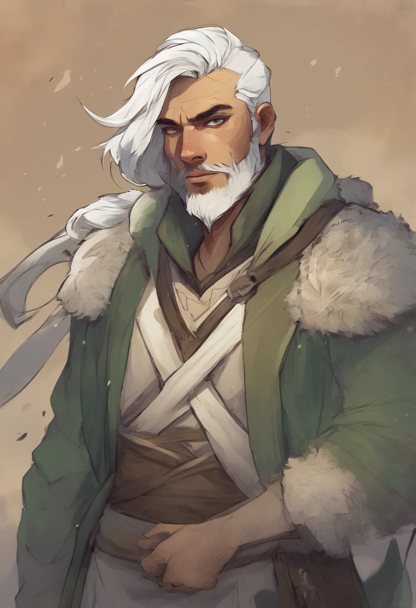 A nomadic man with sage green hair and white highlights, an olive undertone, and soft freckles on his face and shoulders. He is slightly muscular with burnt amber eyes that shine in the light. He is dressed in medieval-style travel attire and wears a cozy, fluffy coat.