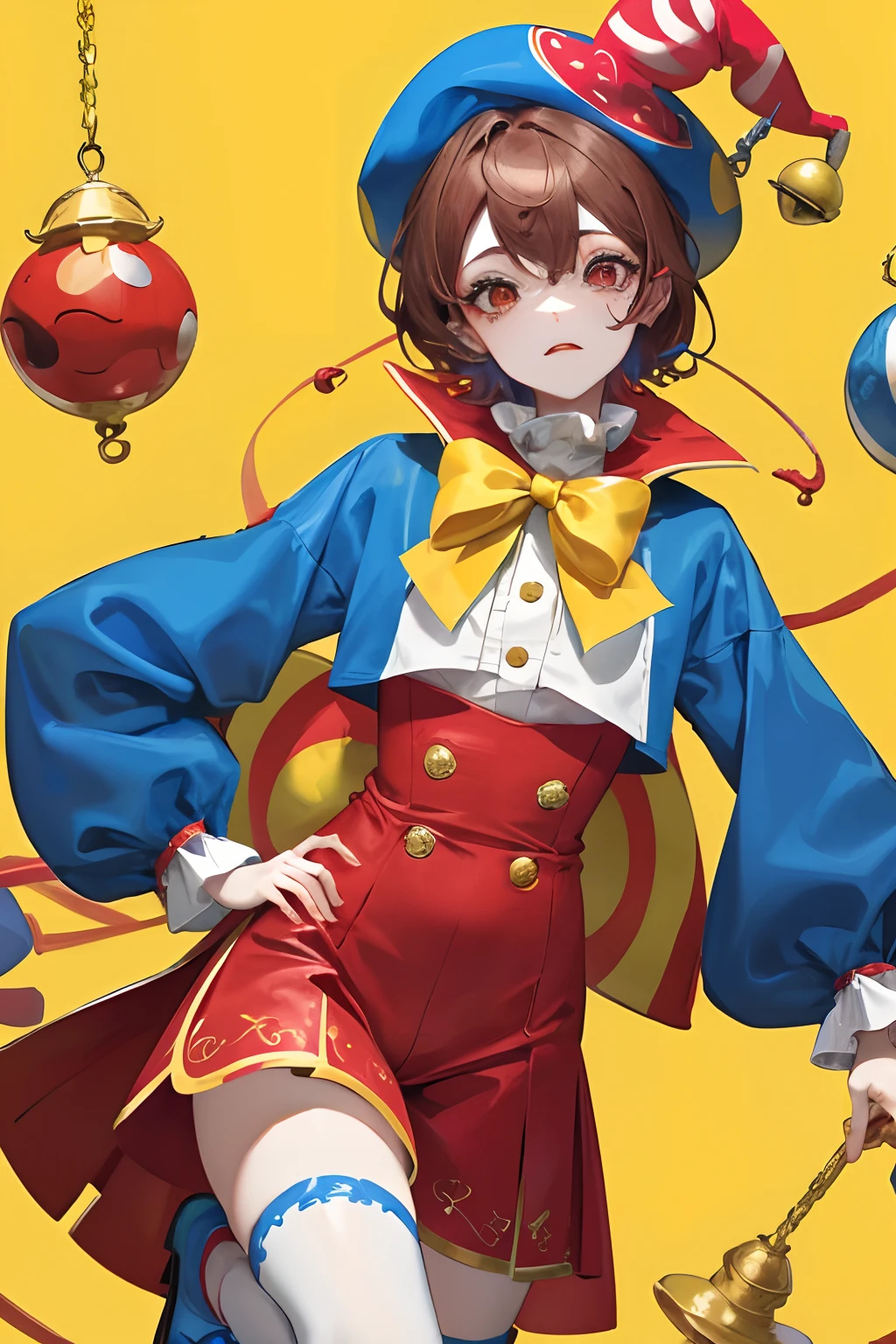 clown girl in red mixed blue style jester outfit whole body covered outfit in shorts with yellow bottons, brown hair, red and blue 2headed jester hat with yellow bells, white skin make up, upset face, masterpiece, best quality,