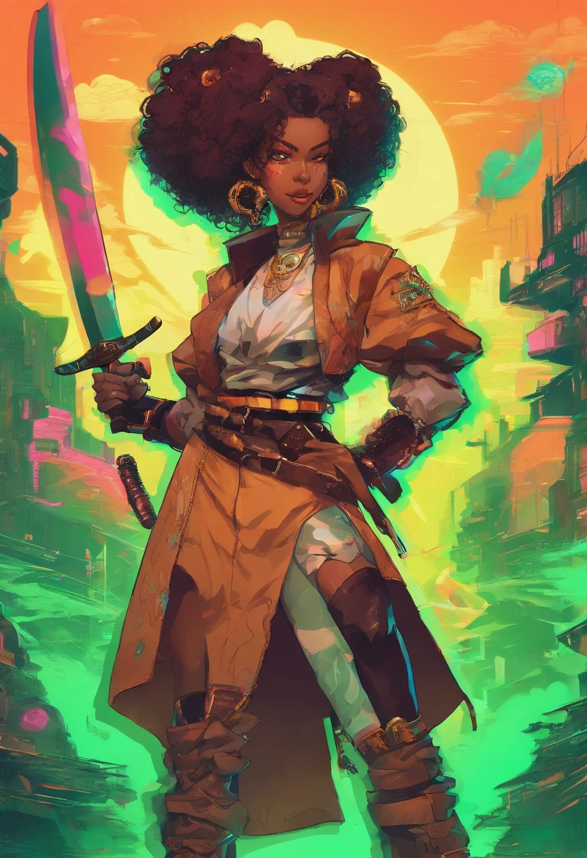 anime girl, green glossy eyes, wearing brown tall pirate boots and a white and black kimono uniform, white big afro, female, smiling, mixed skin color, curled goat horns, goat ears, goat tail, holding a katana in her hands in a fighting stance