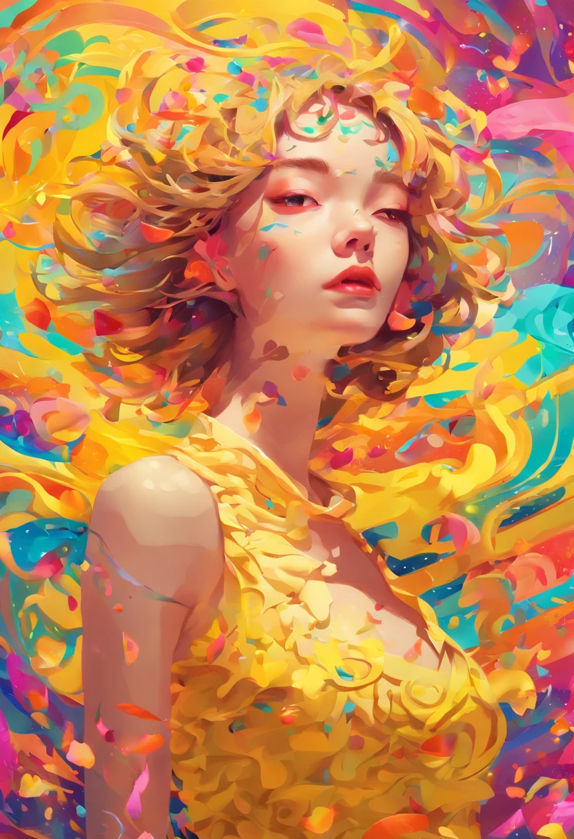 ((top-quality, 8K)), (Realistic), (Face Focus: 1.1), (amarelo: 1.3), Kawaii Girl, short-hair, 
Hair fluttering in the wind, Facing to the side, Look up at your face, Eyes closed, (Sleeveless: 1.1)、Skirt, D Cup Breasts,Countless petals are falling
