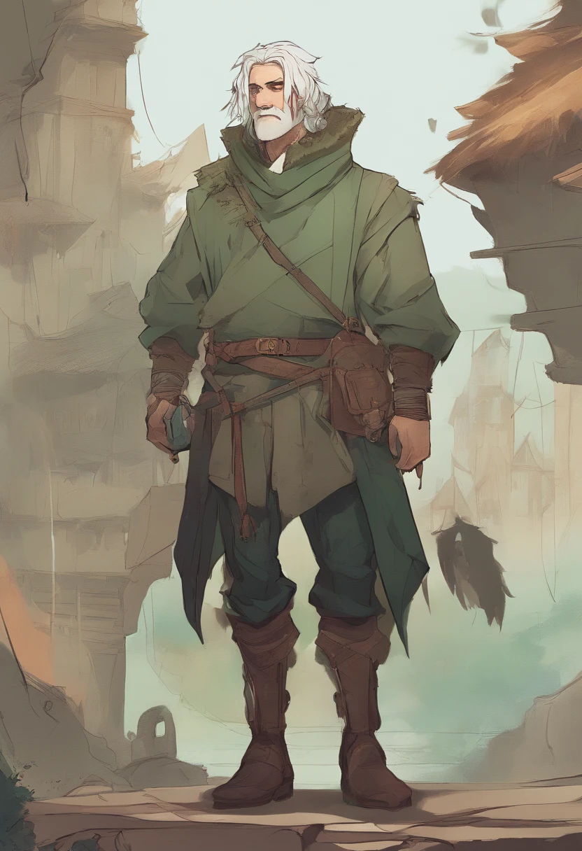 A nomadic man with sage green hair that sits messily on his shoulders. His hair contains small white highlights. His skin has an olive undertone, and soft freckles on his face and shoulders. He is slightly muscular with burnt amber eyes that shine in the light. He is dressed in medieval-style travel attire and wears a cozy, fluffy coat.