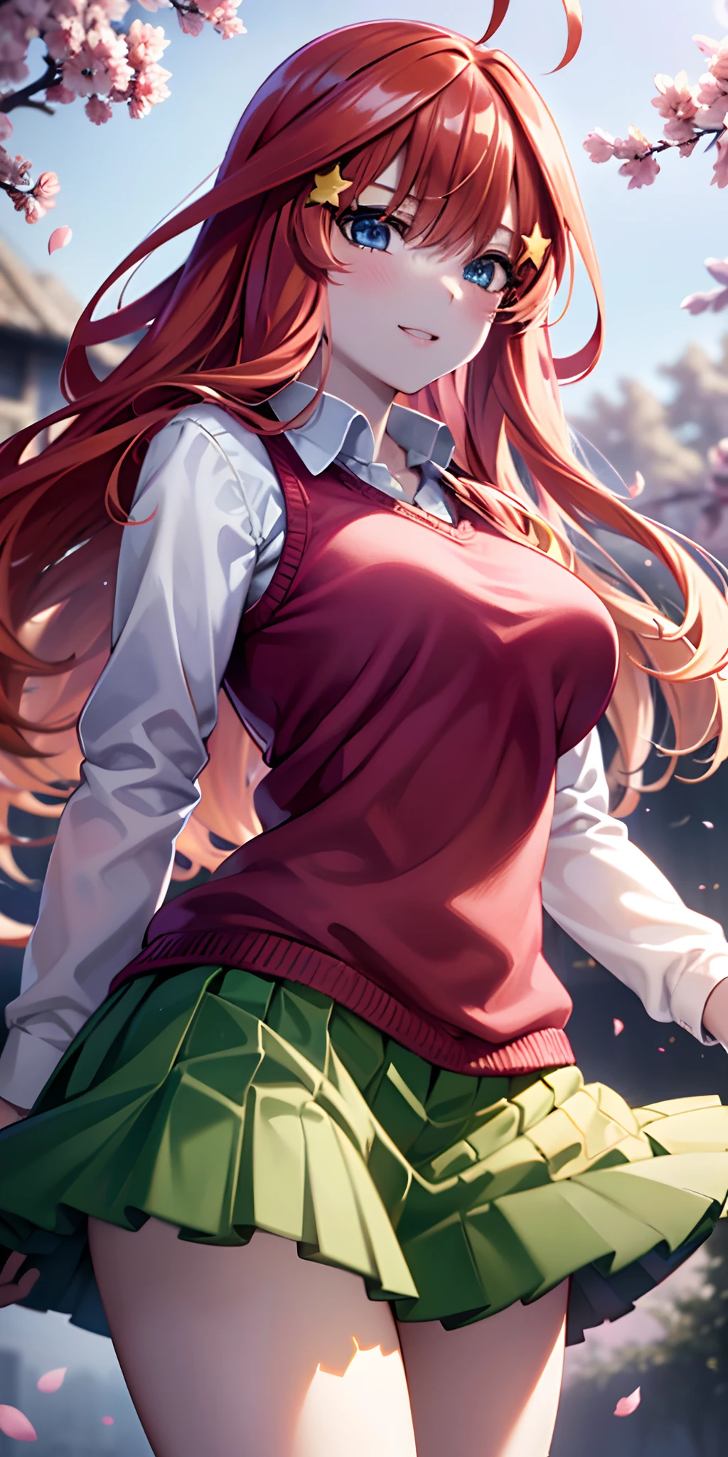 ultra-detailed, Best Quality, Anime, Highly detailed,extremely detailed CG, unity 8k wallpaper , super detailed skin, detailed , dynamic lighting , beautiful detailed eyes, Cowboy Shot, Itsuki Nakano, Red hair, Long hair, Star hair ornament, Ahoge, Red Sweater, Collared shirt, Green skirt, very short miniskirt, medium breasts, Standing, School, Outdoors, best smile, skirt lift by yourself,pigeon-toed, showing panties, floating hair, wind,