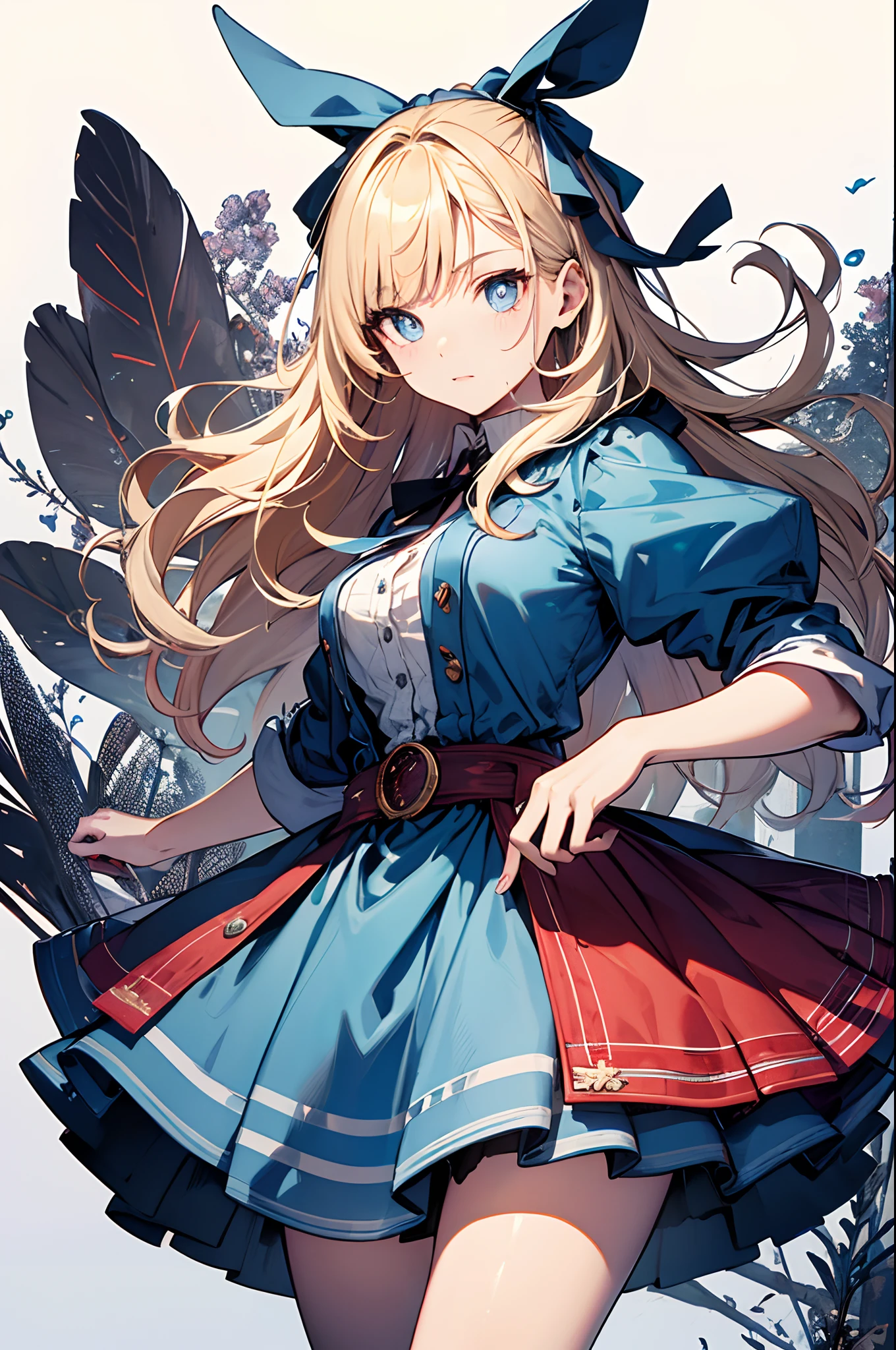 (Official art、Best Quality、Unity 8k Wallpapers、32K、masterpiece、ultra-detailliert、超A high resolution)、Best Shadows、Fantastical、Detailed eyes and noses、Realistic pupils、Sharp pupils、((alice in the wonderland))、a blond、Tie your hair with a ribbon、Blue colored eyes、Blue Apron Dress、white sock、PlayingCards、Chasing rabbits、Pocket watch on the waist、