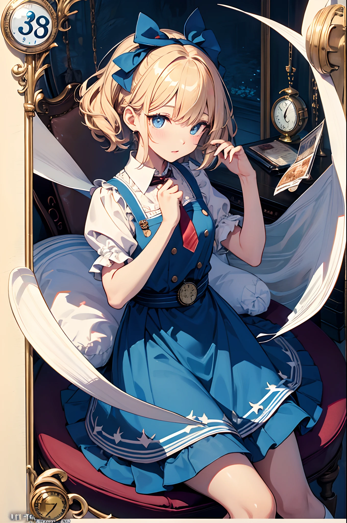 (Official art、Best Quality、Unity 8k Wallpapers、32K、masterpiece、ultra-detailliert、超A high resolution)、Best Shadows、Fantastical、Detailed eyes and noses、Realistic pupils、Sharp pupils、((alice in the wonderland))、a blond、Tie your hair with a ribbon、Blue colored eyes、Blue Apron Dress、white sock、PlayingCards、Chasing rabbits、Pocket watch on the waist、