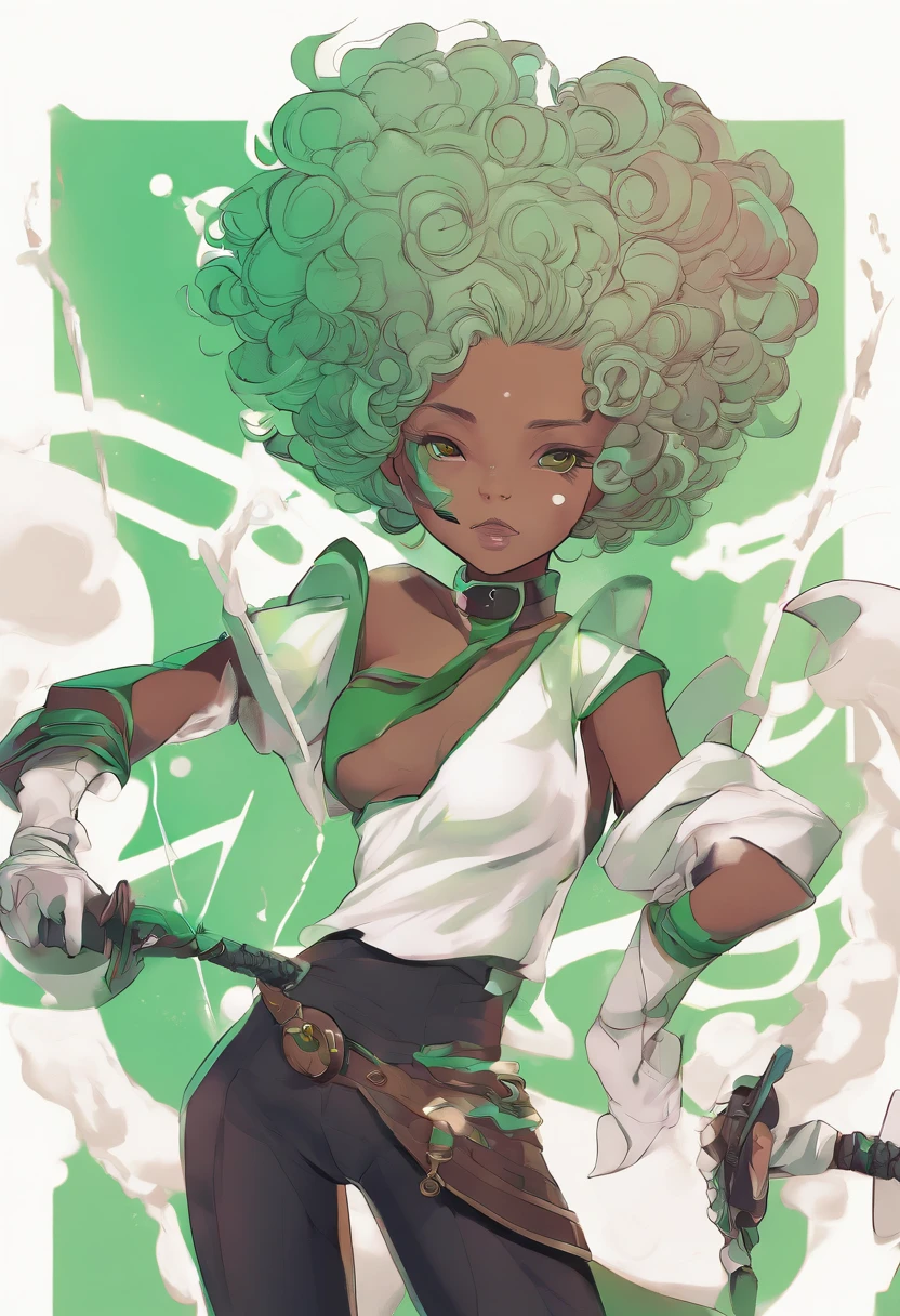 anime girl, green glossy eyes, wearing brown tall pirate boots and a white and black kimono uniform, white big afro, female, smiling, mixed skin color, curled goat horns, goat ears, goat tail, holding a katana in her hands in a fighting stance