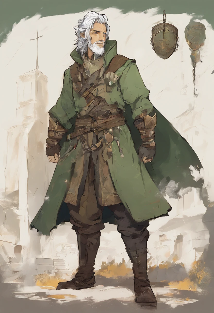 A nomadic man with sage green hair that sits messily on his shoulders. His hair contains small white highlights. His skin has an olive undertone, and soft freckles on his face and shoulders. He is slightly muscular with burnt amber eyes that shine in the light. He is dressed in medieval-style travel attire and wears a cozy, fluffy coat.