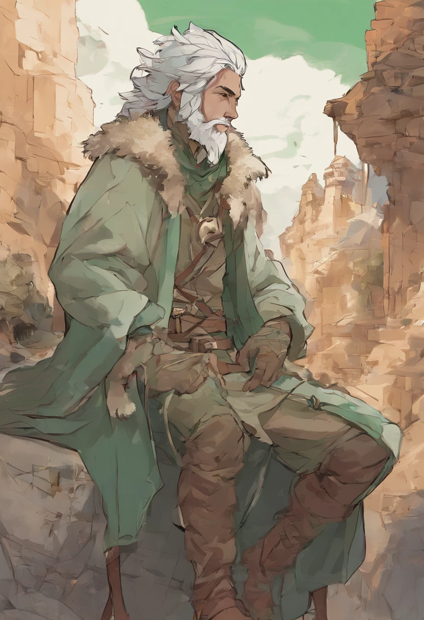 A nomadic man with sage green hair that sits messily on his shoulders. His hair contains small white highlights. His skin has an olive undertone, and soft freckles on his face and shoulders. He is slightly muscular with burnt amber eyes that shine in the light. He is dressed in medieval-style travel attire and wears a cozy, fluffy coat.
