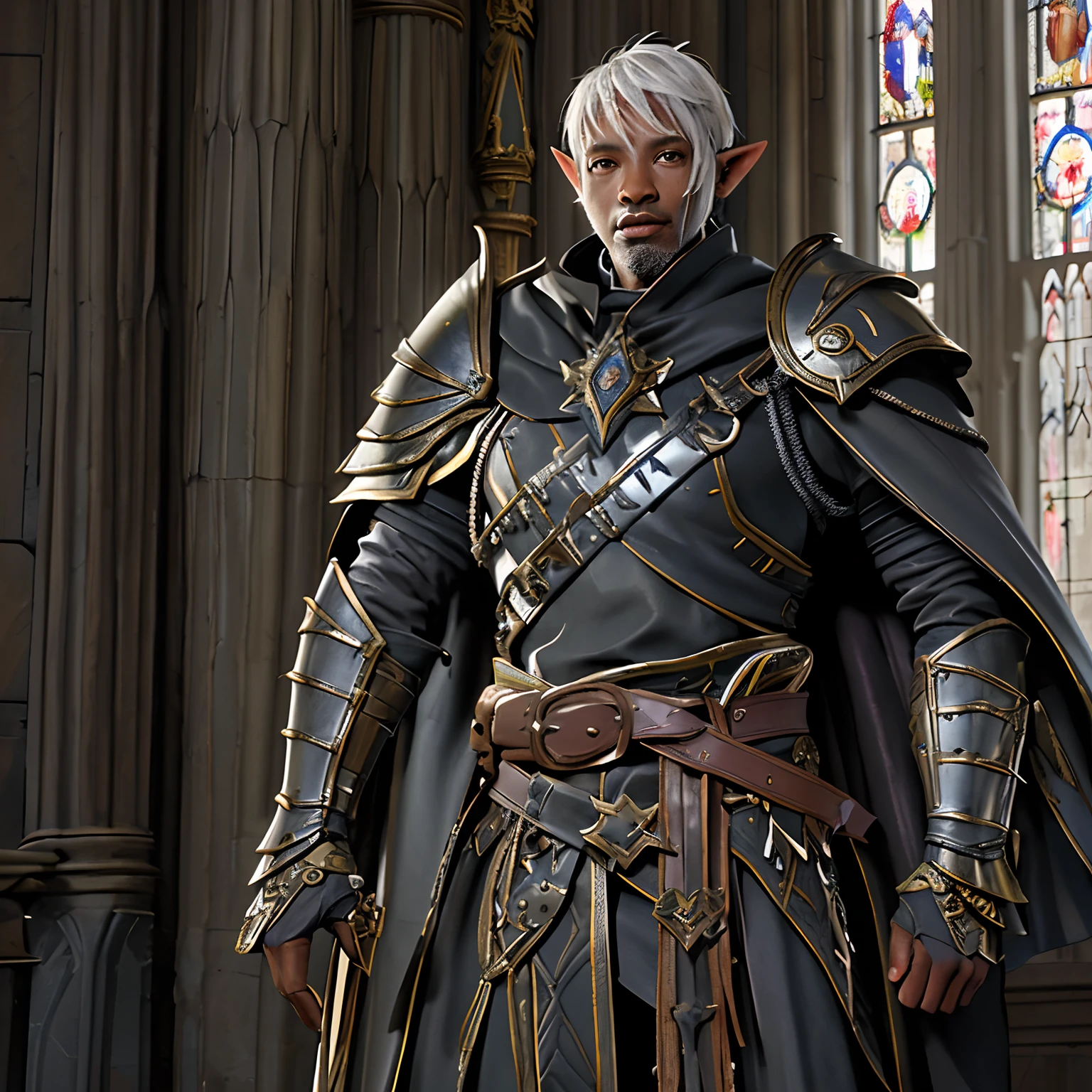 A mature male African American Elf in tattered full plate armor, Leather cape shrouding behind it, hair short and cropped, both hands grasping his longsword, a stern expression as he stands proud in a cathedral like throne room with braziers illuminating the dimmed halls, male slim, anime eyes, short buzz cut, dark skinned
