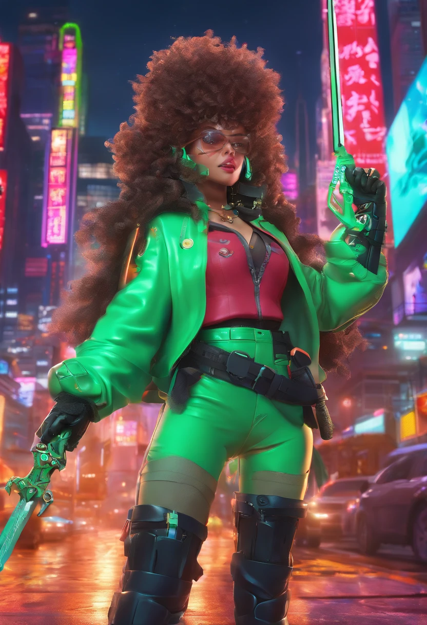 anime girl, green glossy eyes, wearing brown tall pirate boots and a white and black kimono uniform, white big afro, female, smiling, mixed skin color, curled goat horns, goat ears, goat tail, holding a katana in her hands in a fighting stance