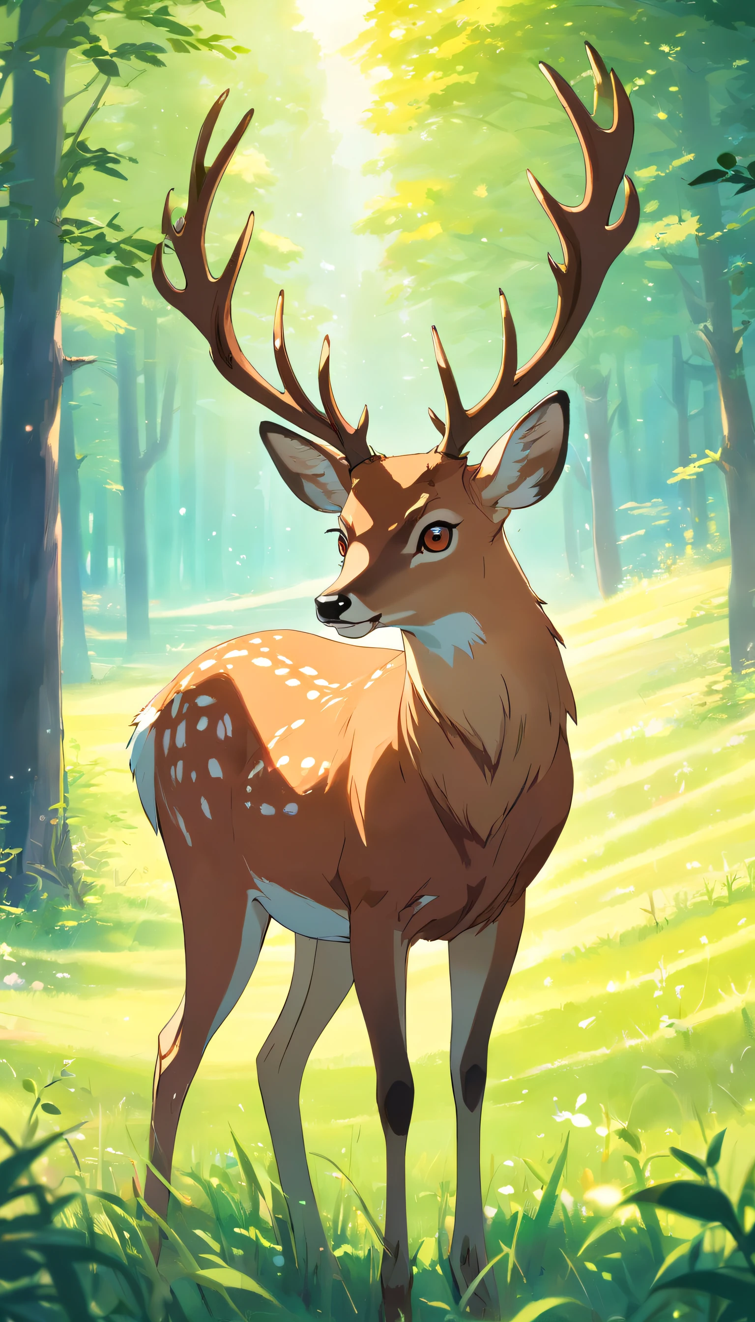 A detailed animated cartoon，A brown deer exudes an aura of elegance, Large antlers, Green eyes walk through the meadow alone