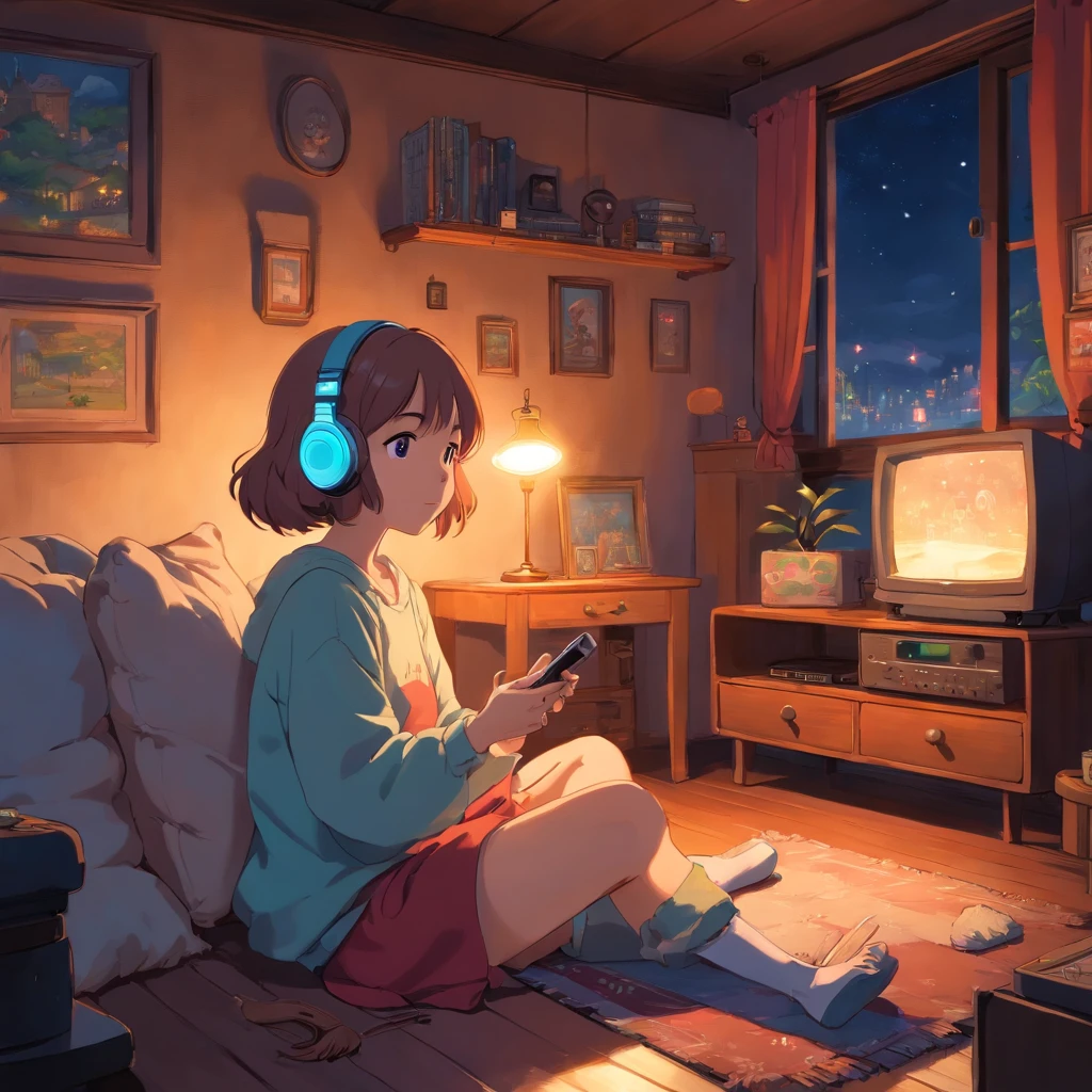 Girl listening to music in a cozy room at night, Usando fones de ouvido, Anime estilo 2D, Lo-fi, hd, Ambiente escuro