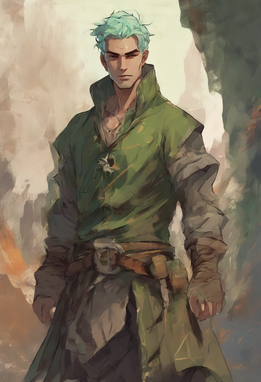A younger, about 23 years old, nomadic man with sage green hair an olive undertone, and soft freckles on his face and shoulders. He is slightly muscular with burnt amber eyes that shine in the light. He is dressed in medieval-style travel attire and wears a cozy, fluffy coat.