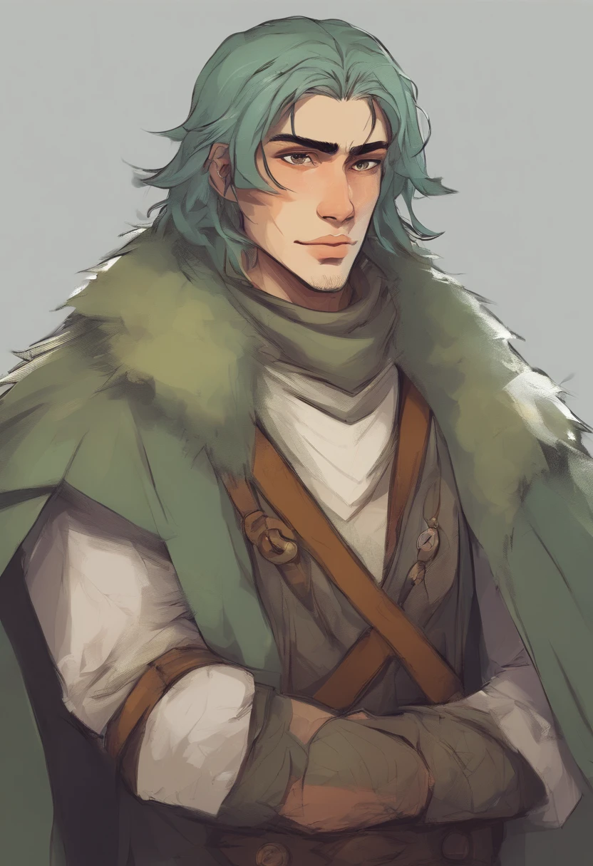 A younger, about 23 years old, nomadic man with sage green hair an olive undertone, and soft freckles on his face and shoulders. He is slightly muscular with burnt amber eyes that shine in the light. He is dressed in medieval-style travel attire and wears a cozy, fluffy coat.