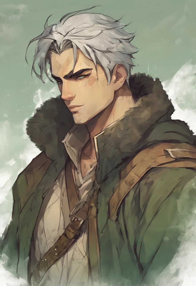 A younger, about 23 years old, nomadic man with sage green hair an olive undertone, and soft freckles on his face and shoulders. He is slightly muscular with burnt amber eyes that shine in the light. He is dressed in medieval-style travel attire and wears a cozy, fluffy coat.