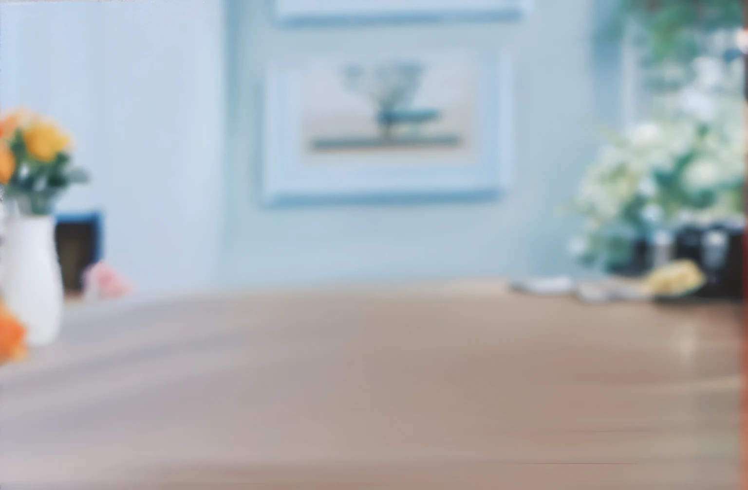 There is a photo of a table,Flowers in vases, some background blur, background out of focus, blurry distant background, out - of - focus background, out of focus background, blurry photo, blurred detail, Soft-focus blur, heavy jpeg artifact blurry, soft and blurry, Background blur, Slightly blurred, lightly blurry, Slightly out of focus