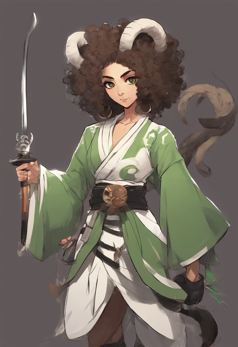 anime girl, green glossy eyes, wearing brown tall pirate boots and a white and black kimono uniform, white big afro, female, smiling, mixed skin color, curled goat horns, goat ears, goat tail, holding a katana in her hands in a fighting stance