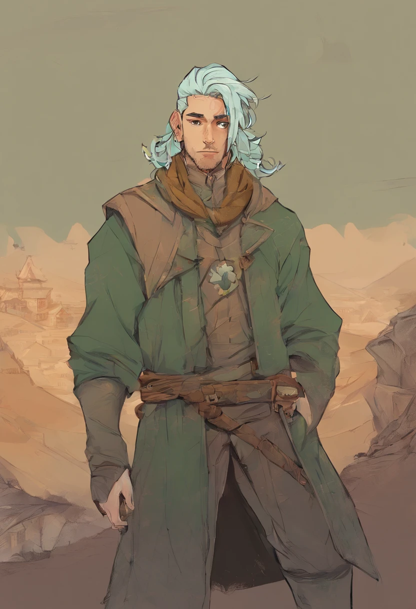 A younger, about 23 years old, nomadic man with sage green hair an olive undertone, and soft freckles on his face and shoulders. He is slightly muscular with burnt amber eyes that shine in the light. He is dressed in medieval-style travel attire and wears a cozy, fluffy coat.