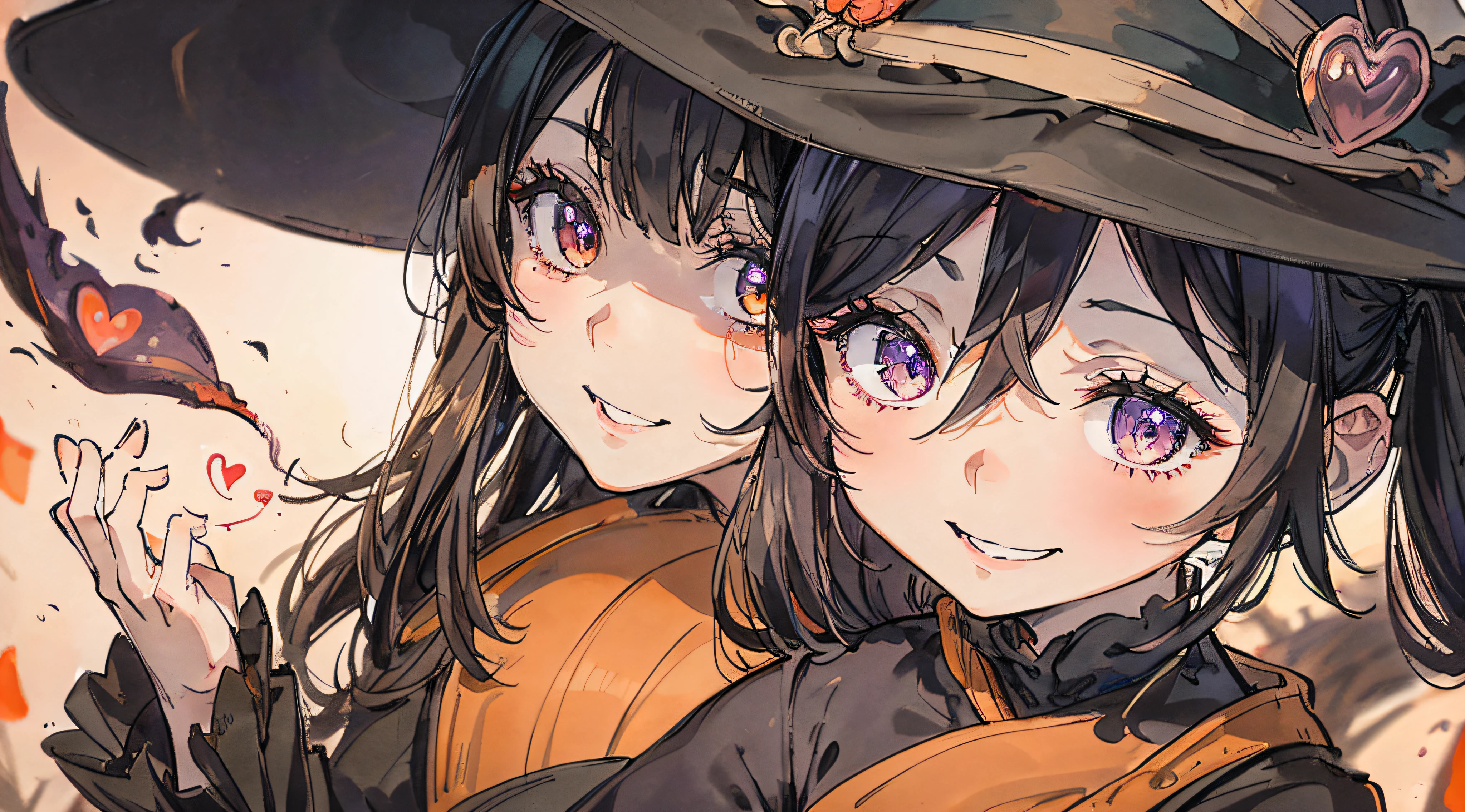 Halloween atmosphere、Bat in the background、Girl in a witch costume、Wearing a big witch's hat、Holding a bag of sweets in your hands、A smile、murky、frontage、Focus on girls、Highlights in the eyes、The Heart Effect