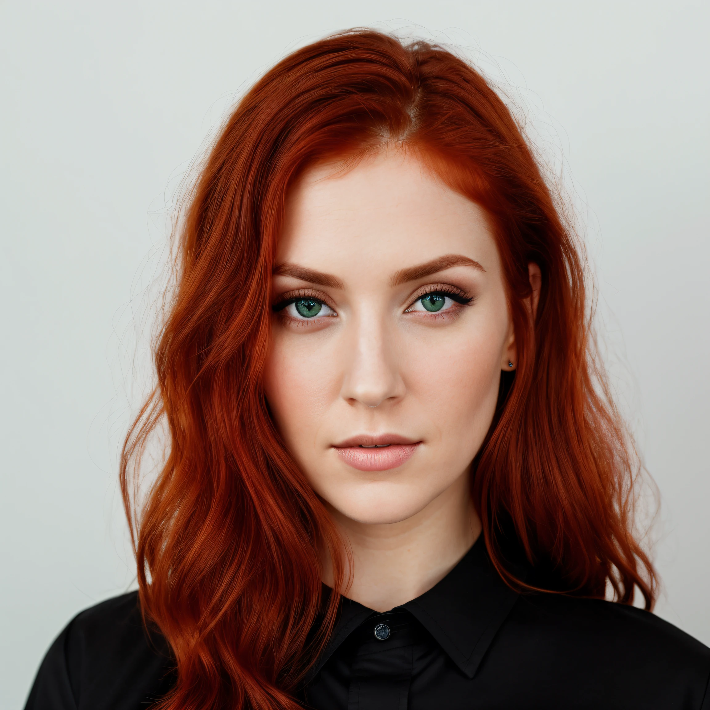 front view, looking at camera, RAW photo,((black shirt:1.2)), ((portrait)),beautiful red hair 30 years old woman, green eyes, perfecteyes eyes, ((white background:1.2)), studio lighting, high quality, film grain, Fujifilm XT3, centralized