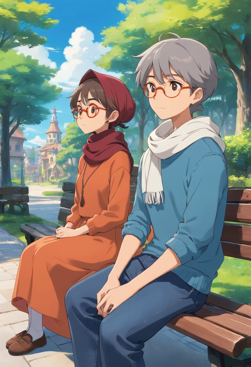 a boy wearing a gray shirt in jeans sitting on a bench, With a girl wearing The hijab is brown In an orange sweater and long skirt, she sat beside him she wears red glasses, against the blue sky as a background. Both of them stare at each other, 3d animation In an orange sweater and long brown skirt, she sat beside him, against the blue sky as a background. Both of them stare at each other, Disney pixar animation