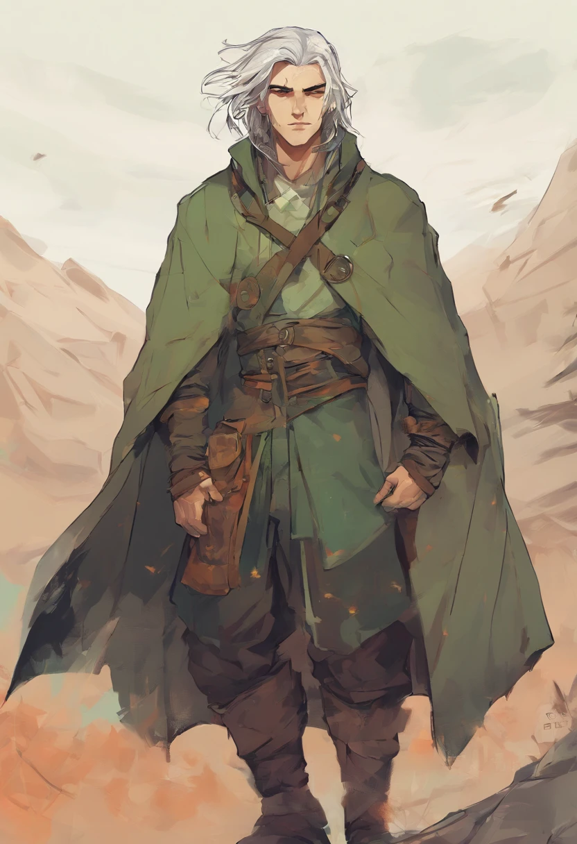 A younger, about 23 years old, nomadic man with sage green hair an olive undertone, and soft freckles on his face and shoulders. He is slightly muscular with burnt amber eyes that shine in the light. He is dressed in medieval-style travel attire and wears a cozy, fluffy coat.