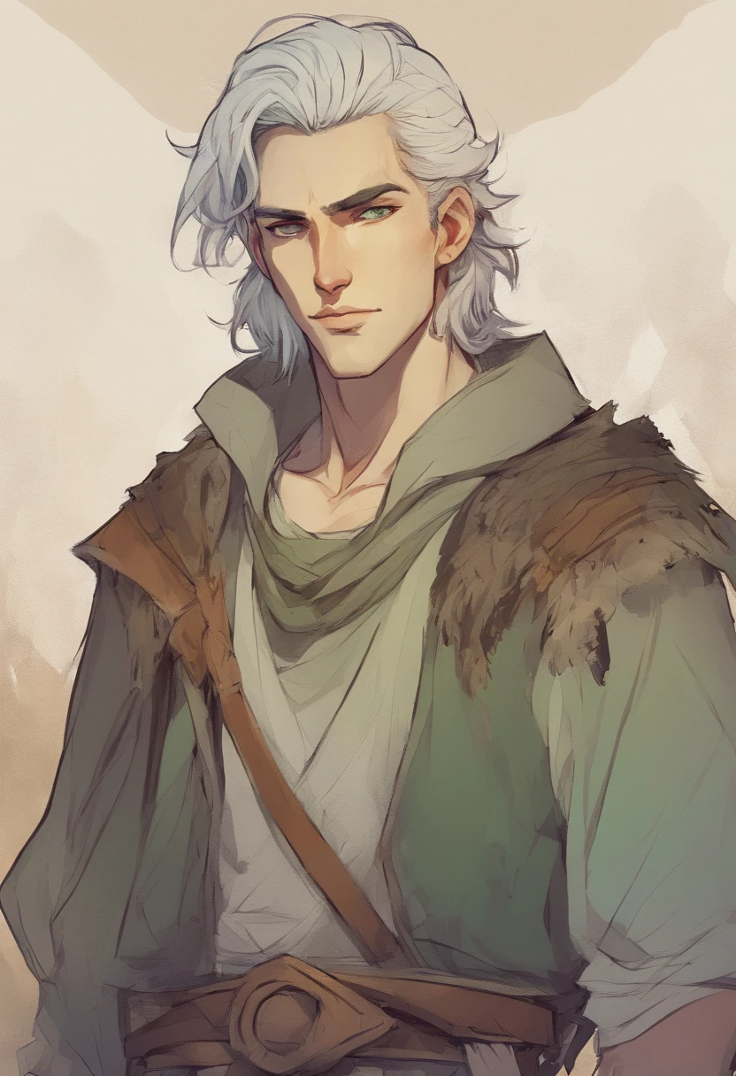 A younger, about 23 years old, nomadic man with sage green hair an olive undertone, and soft freckles on his face and shoulders. He is slightly muscular with burnt amber eyes that shine in the light. He is dressed in medieval-style travel attire and wears a cozy, fluffy coat.
