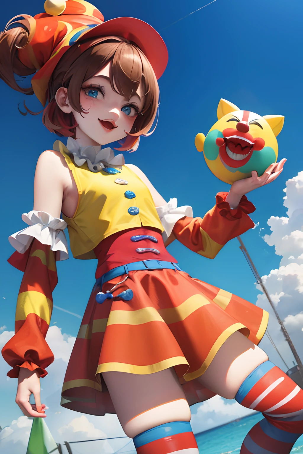 (Masterpiece:1.2), Happy clowns, Vibrant colors, Detailed face, Expressive eyes, Colorful makeup, Bright smile, Playful gestures, dynamicposes, Lively atmosphere, Circus theme, Balloon animals, vaudeville, magick, acrobatic, Energetic movements, intricate costume design, Whimsical environment, Happy audience, Laughter, Entertainment, Magical moments, Artistic composition, painterly style, Lively brushstrokes, Vivid emotions, Dynamic lighting, Cheerful ambiance, Joyful celebration, Festive atmosphere, Awesome performance, Enchanted expression, A scene full of laughter and laughter, dynamic and energetic, Beautifully detailed eyes, Complex facial features, Expressive and exaggerated gestures, Colorful patterns, Lively and dynamic movement, whimsically,Enchanting, stunning visuals, Superb Creation, A high resolution, Joyful and energetic scene, Artistic composition, Bright and cheerful colors, Detailed and realistic portrayal, Joyful and playful energy, Wonder and magic, Professional execution, Playful and charming, Vivid and vivid illustrations