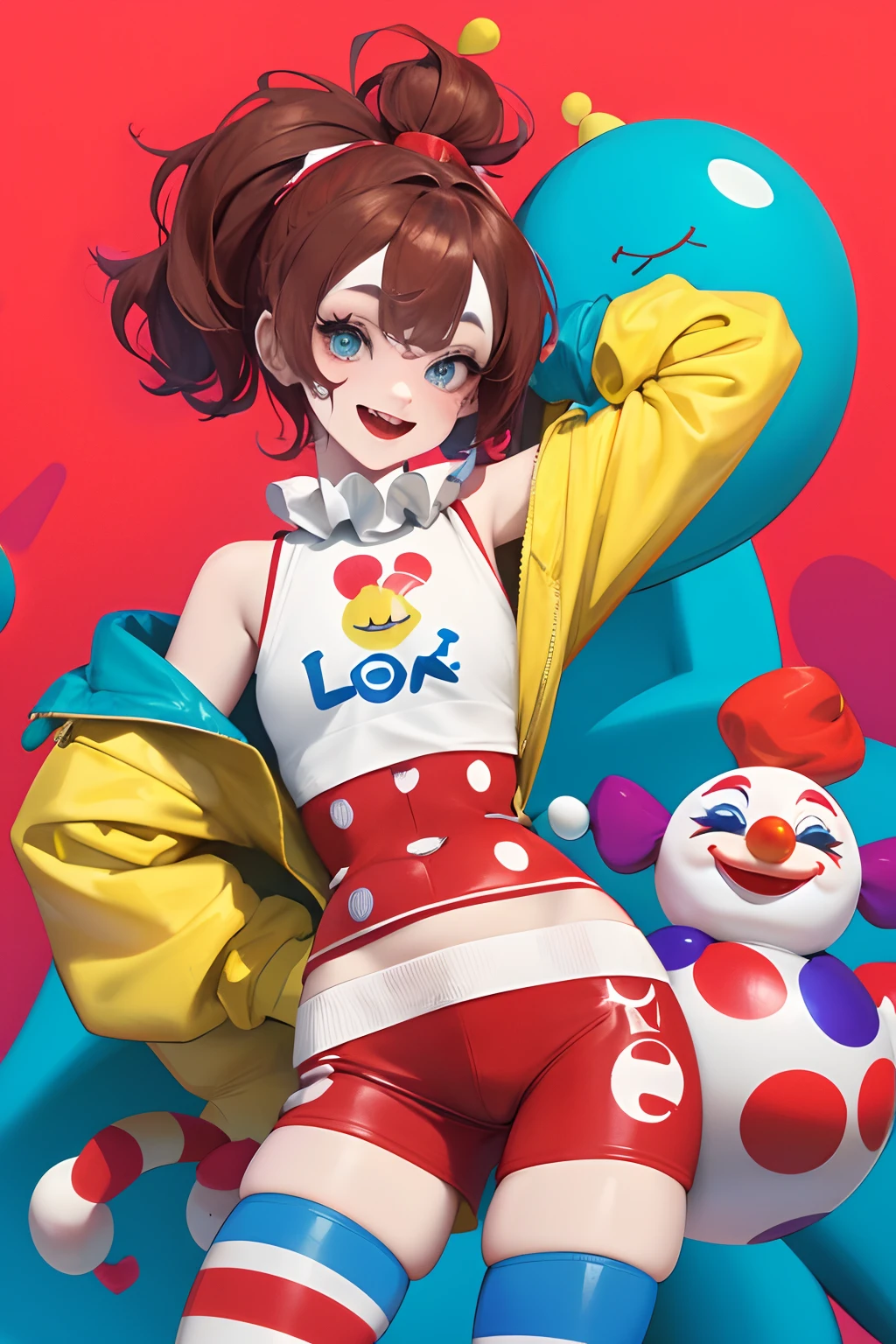 clown girl pomni, brown hair, red and blue eyes, red and blue outfit with round shoulders and thighs, and yellow balls in short, cartoon character of a clown and a red and blue outfit in short, cutecore clowncore, y 2 k cutecore clowncore, jester themed, animation character, clown girl, 3d animated, 3 d animated, jester, toonix character, cartoonish cute, 3d character, 3 d character, medieval jester, highly rendered!!, creepy clown girl