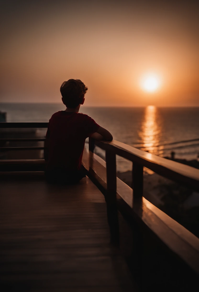 Portrait of a tall teenager boy watching sea beach from roof top resort in a sunset moment , dark atmosphere