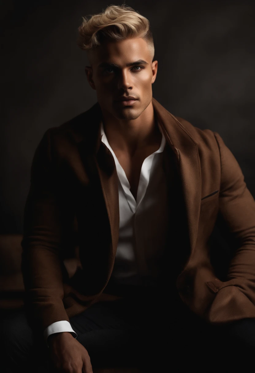 photographie, Perfection masculine, Strong Jawline, full lips, Nez aquilin, cheveux blonds courts, Yeux noisette, hyper realistic, 8K --v 4, with a dark smoky background, black skin