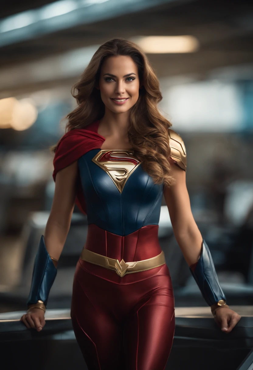 Create a realistic illustration of a unique and powerful superheroine. It should be inspiring and represent strength, courage and determination. Imagine a character with extraordinary abilities and a distinctive costume with two "s" como simbolo que reflete sua personalidade e poderes. Detail the appearance of the superheroine, com cabelos claros, olhos castanhos claros, A confident smile and cheerful expression. Levante-a na frente, destacando sua postura heroica. No fundo, Create a scenario that represents an advanced Internet technology environment. It could be a high-tech lab or a modern cityscape. Be sure to incorporate elements that underscore the scene of detail to convey the idea that this superheroine is ready to take on challenges in a technology-driven virtual world. A paleta de cores deve ser vibrante e futurista, adding a touch of modernity to the presence of IT technology, Like a futuristic office, holograms or innovative technological devices. compositing. Emphasis on the interaction between the superheroine and the technological environment around her, creating a captivating visual narrative that underscores their heroic mission in this modern context.