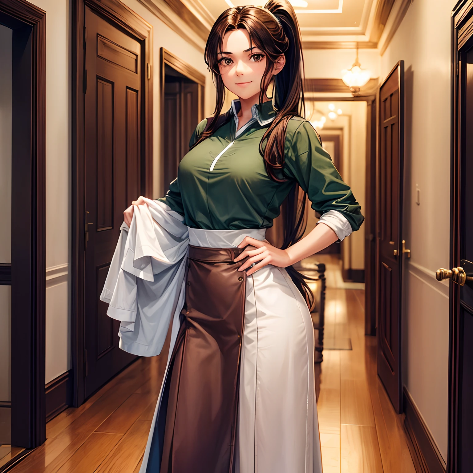 Slave 1girl, Alexis, long dark brown hair in a ponytail, tall, brown eyes, authoritative, logical, good leadership qualities, kind, compassionate, serious when in command, casual clothes, 1girl, standing in a mansion hallway, housekeeper clothes, slight smile