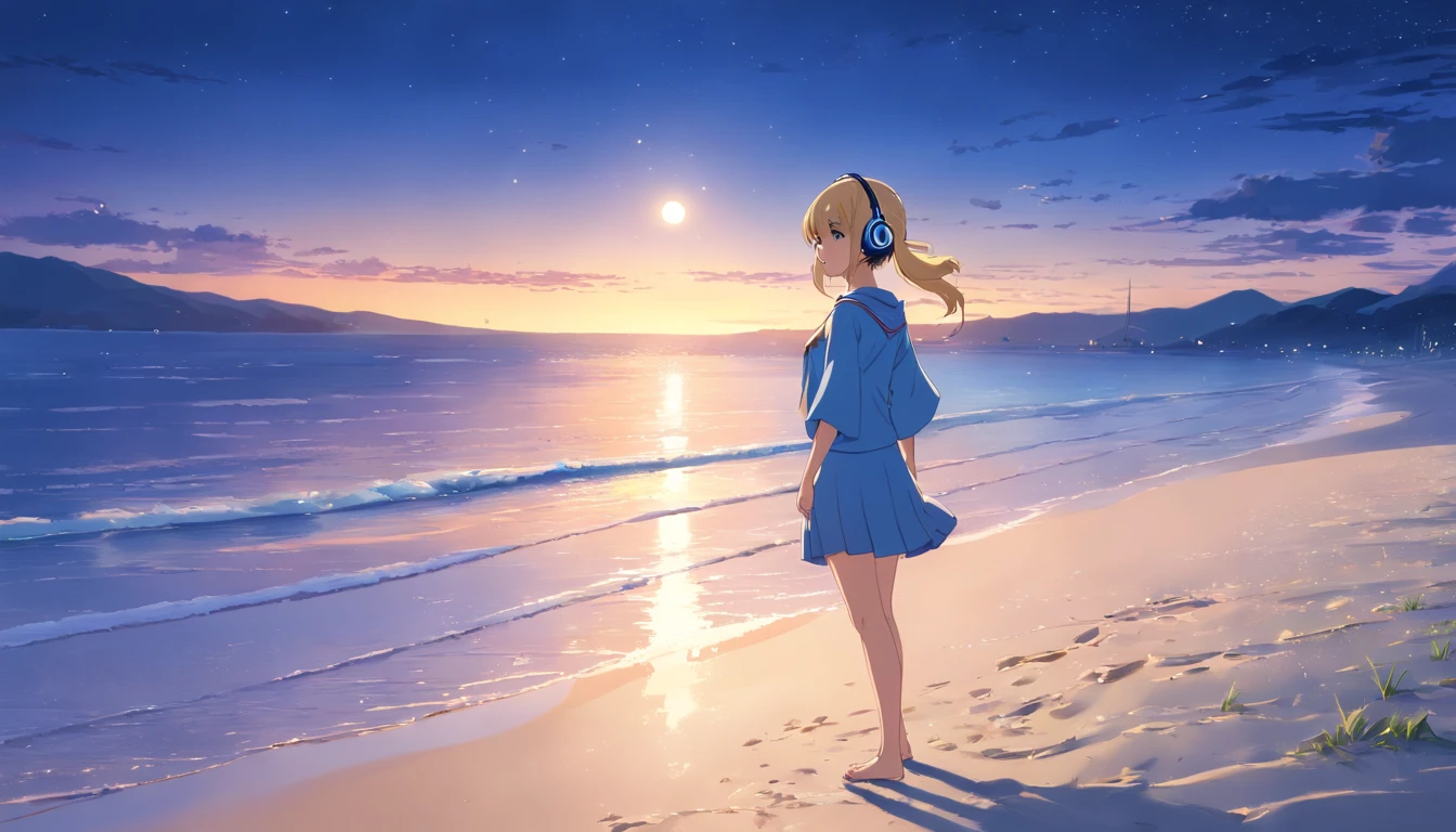 (Masterpiece, Highest Quality, 8K, 16 k, High Quality, Best Quality:1.3, absurderes, high resolucion, digital art, intrikate),High Quality,Pretty blonde, Beautiful blonde, Blue Eyes,1 Girl,(Girl wearing a headset), natta、the moon、seaside,pixiv, Concept Art,beautiful anime scenes, anime scenery, ((Girl standing on the sand listening to music)), ((The sea spreads out at night))