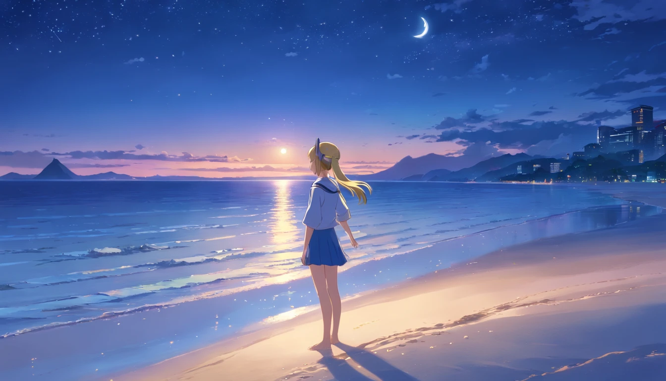 (Masterpiece, Highest Quality, 8K, 16 k, High Quality, Best Quality:1.3, absurderes, high resolucion, digital art, intrikate),High Quality,Pretty blonde, Beautiful blonde, Blue Eyes,1 Girl,(Girl wearing a headset), natta、the moon、seaside,pixiv, Concept Art,beautiful anime scenes, anime scenery, ((Girl standing on the sand listening to music)), ((The sea spreads out at night))
