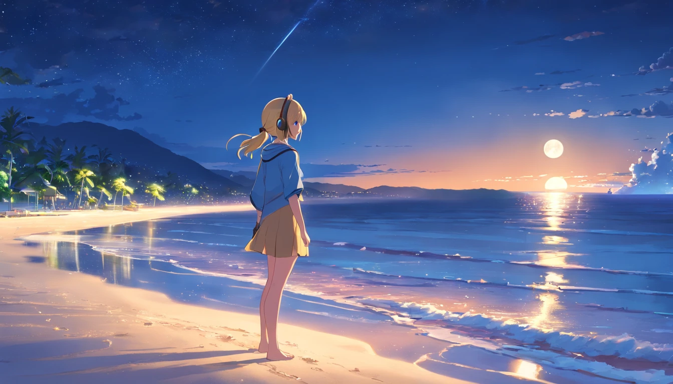 (Masterpiece, Highest Quality, 8K, 16 k, High Quality, Best Quality:1.3, absurderes, high resolucion, digital art, intrikate),High Quality,Pretty blonde, Beautiful blonde, Blue Eyes,1 Girl,(Girl wearing a headset), natta、the moon、seaside,pixiv, Concept Art,beautiful anime scenes, anime scenery, ((Girl standing on the sand listening to music)), ((The sea spreads out at night))