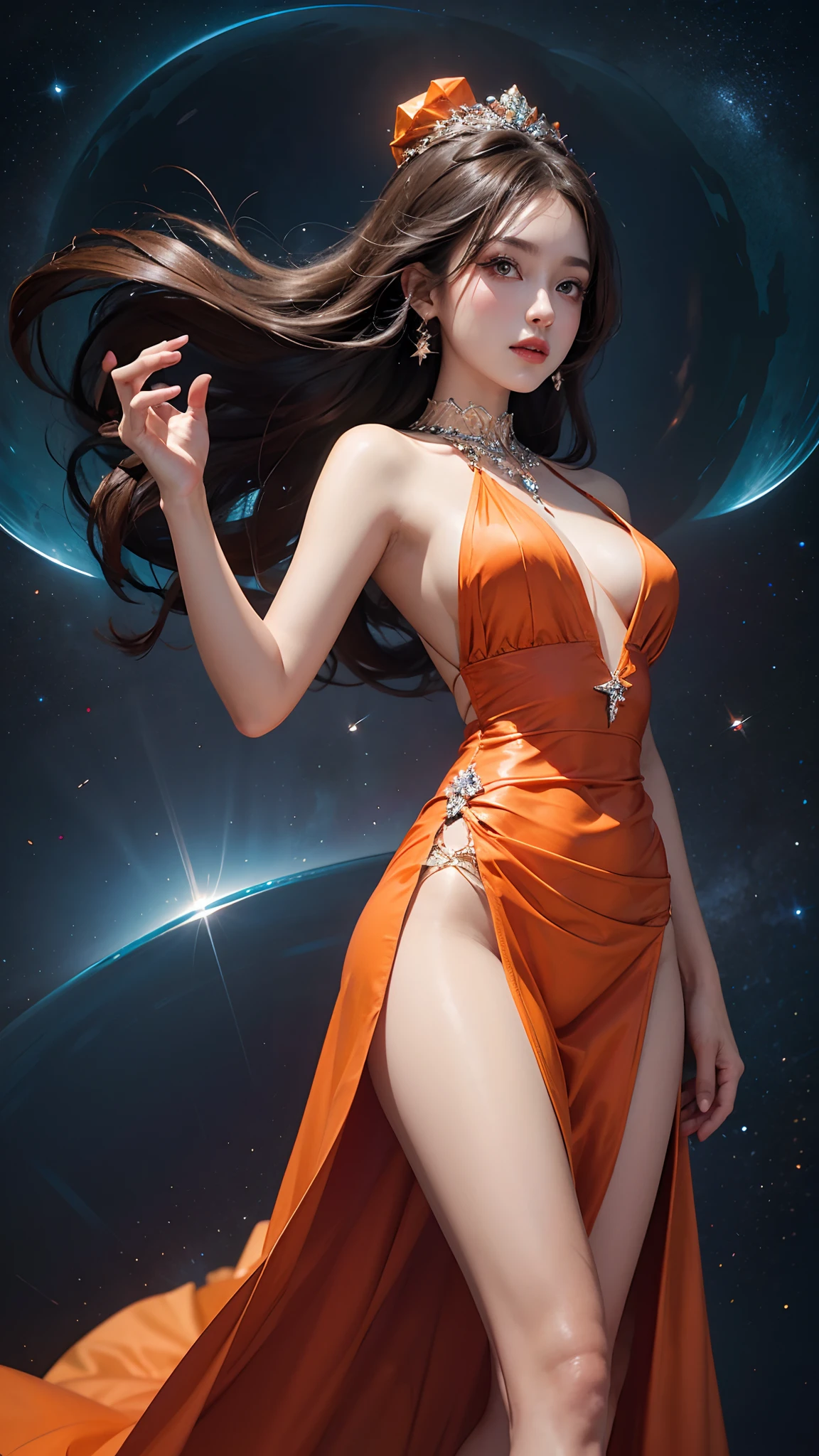 8K ultra hd, masterpiece, best quality, a beautiful girl, long hair, impressive hairstyle, crystal dress, orange dress, bare waist, shining, glowing skin, disco lighting, space background, attractive poses,