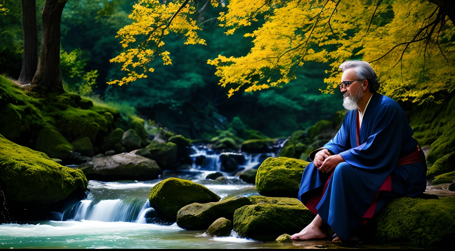A wise long beared man sitting on a rock under oak tree beside forest river. wearing ancient robe, Hyper realistic cinematic lighting super details skin texture is a lot of detail