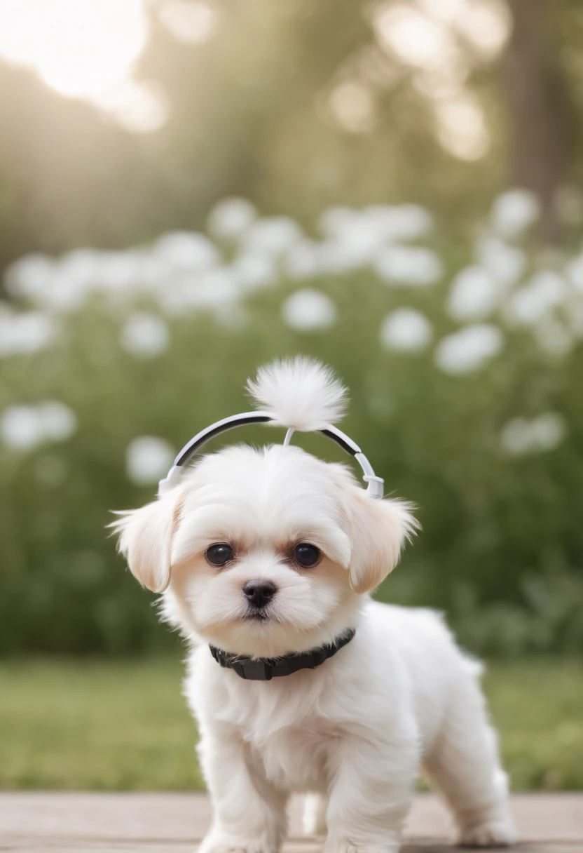 Perfect centralization, Cute Maltese puppy, Use uma jaqueta, Wearing sunglasses Wearing headphones, alegria, Standing position, beleza abstrata, Centrado, looking at the camera, Facing the camera, Approaching perfection, Dynamic, altamente detalhado, liso, foco nítido, 8k