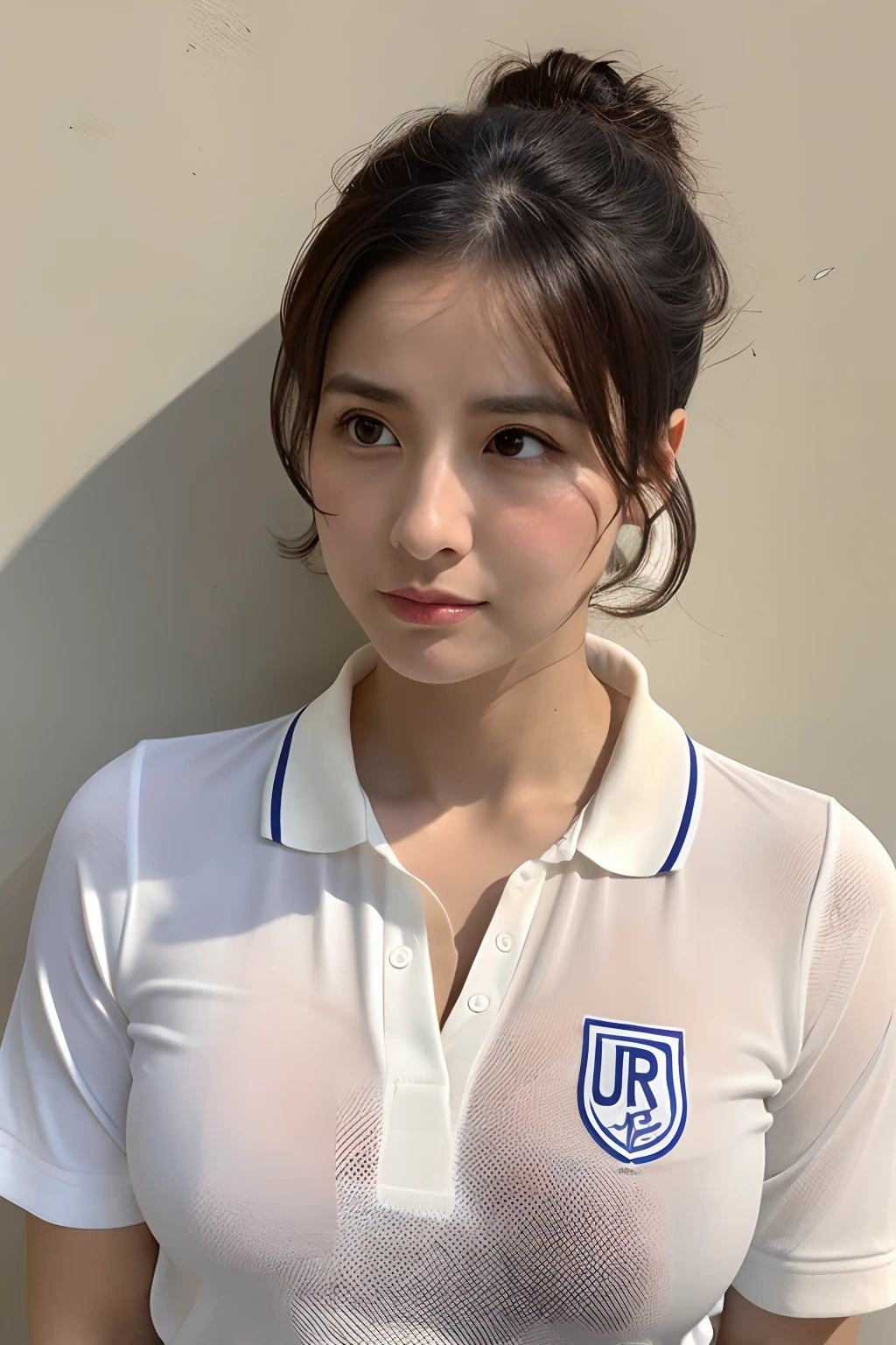 Female teacher in white polo shirt、Wrapped-up chignon hairstyle、serious facial expression、large full breasts、The upper part of the body、Rocket chest、Logo on chest、Shirt sheer with sweat