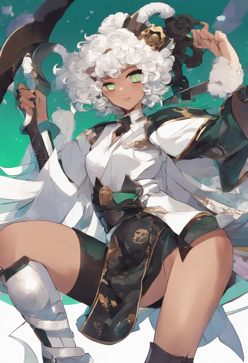 anime girl, green glossy eyes, wearing brown tall pirate boots and a white and black kimono uniform, white curly afro hair, female, smiling, mixed skin color, curled goat horns, goat ears, goat tail, holding a katana in her hands in a fighting stance