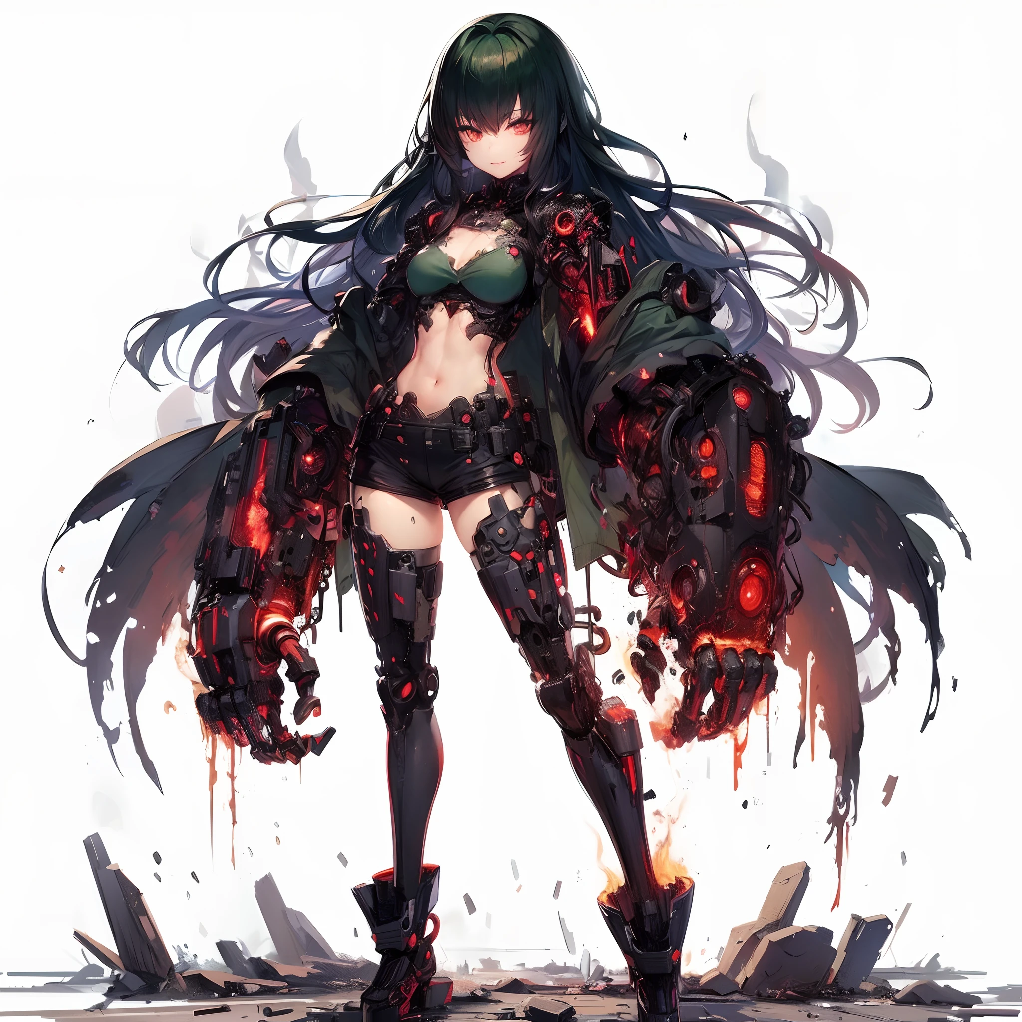 (masutepiece), (Perfect athlete body:1.2), Anime style, Full body, Cyberpunk Girl, Sea green twin hairstyle with red eyes, Wearing a Cyber Costume, Black and Purple Flaming Fist, Burnt mechanical limbs, Standing in the wasteland, Flame burning in the chest, White background, Whole body,A triumphant smile