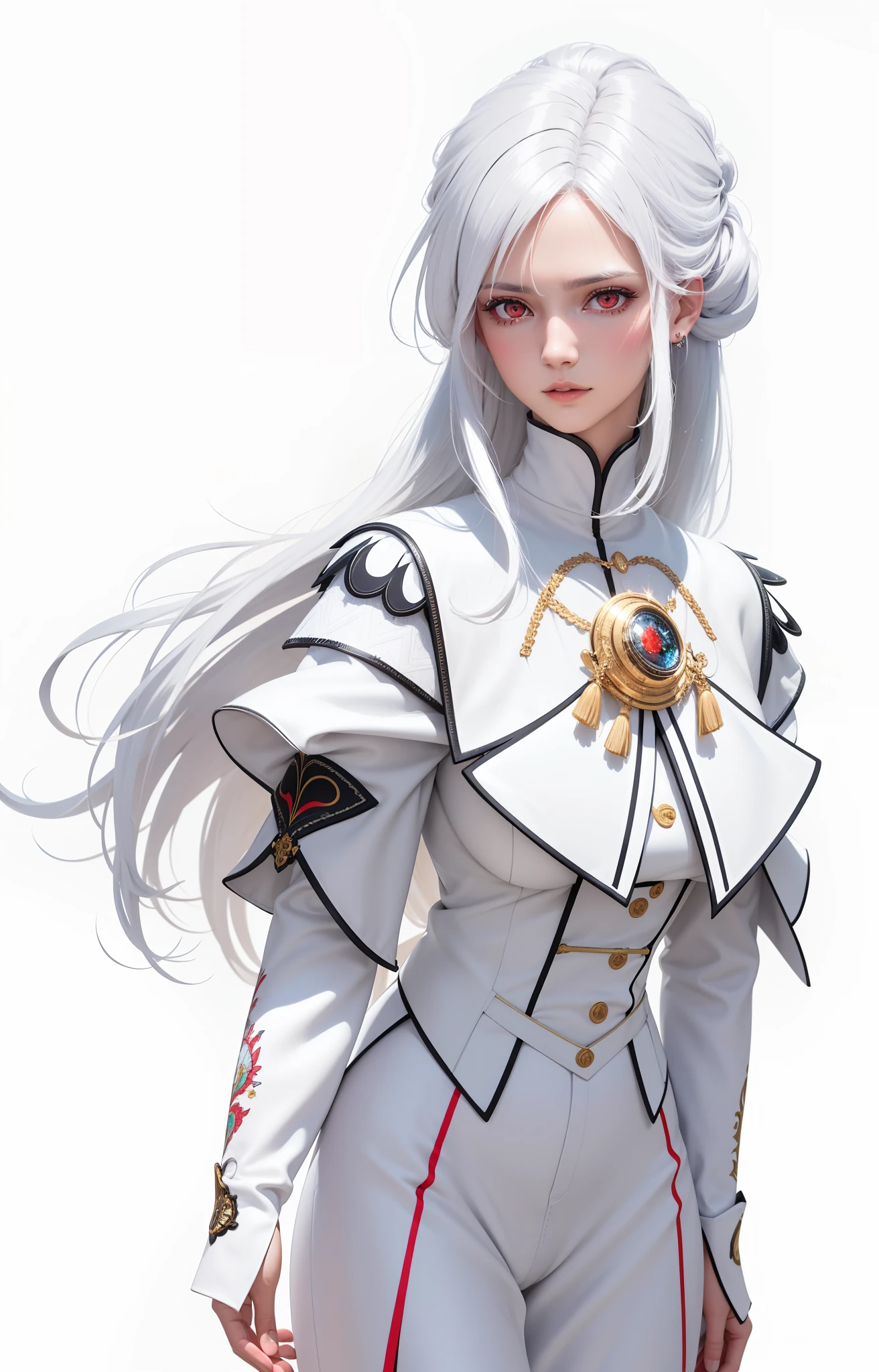 Close up of a woman with white hair, high detailed hair, high res, wearing fancy clothes, high detail resolution, colourful, with white sleeves, walking towards the camera, war place, blurry background, cool looking, red eyes, wallpaper 32k resolution, high quality, uhd, 2.5D resolution, ultra high resolution