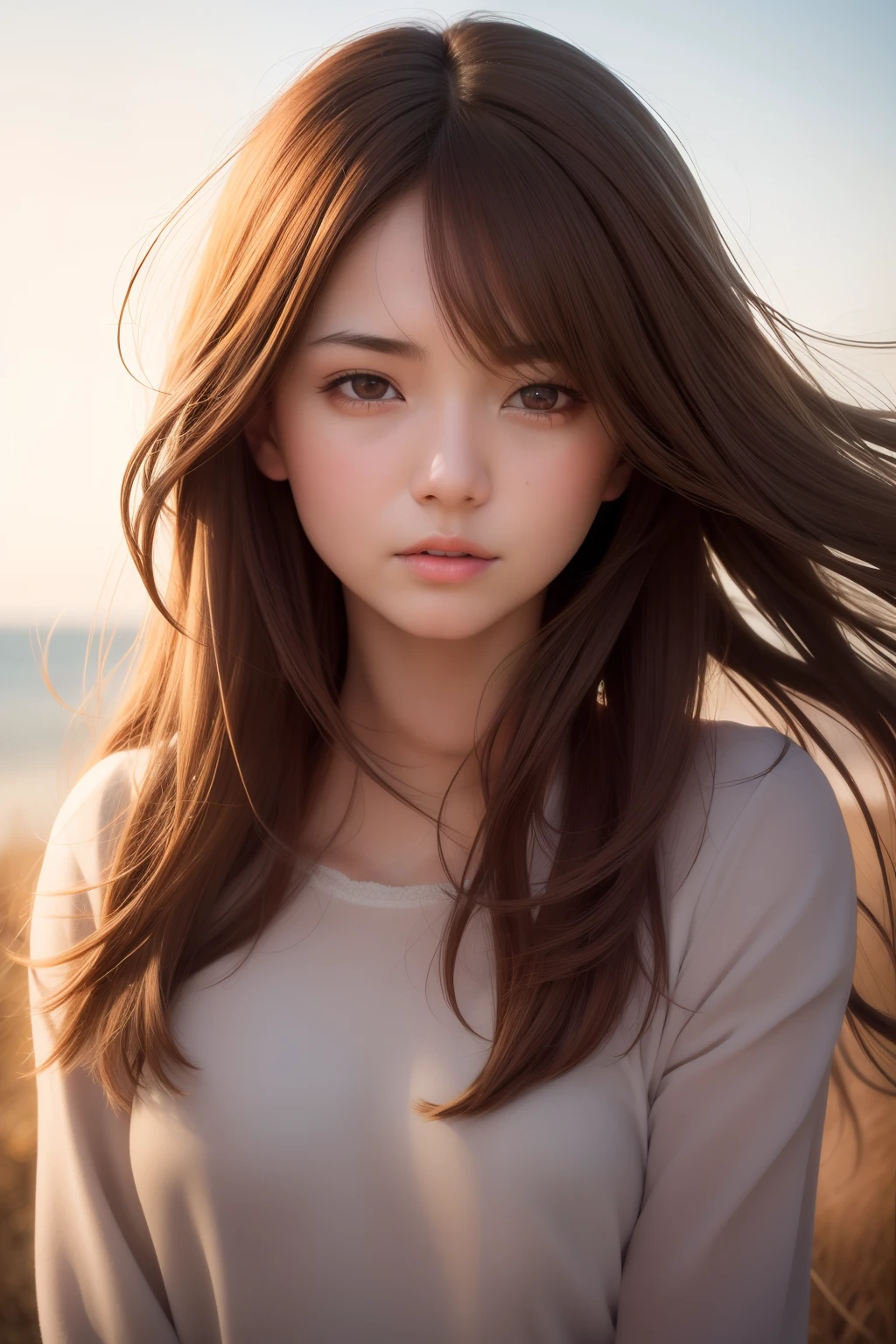 Best Quality, masutepiece, (Realistic:1.2), 1 girl, A head of brown hair blowing in the wind, Brown eyes,front, Detailed face, Beautiful eyes,