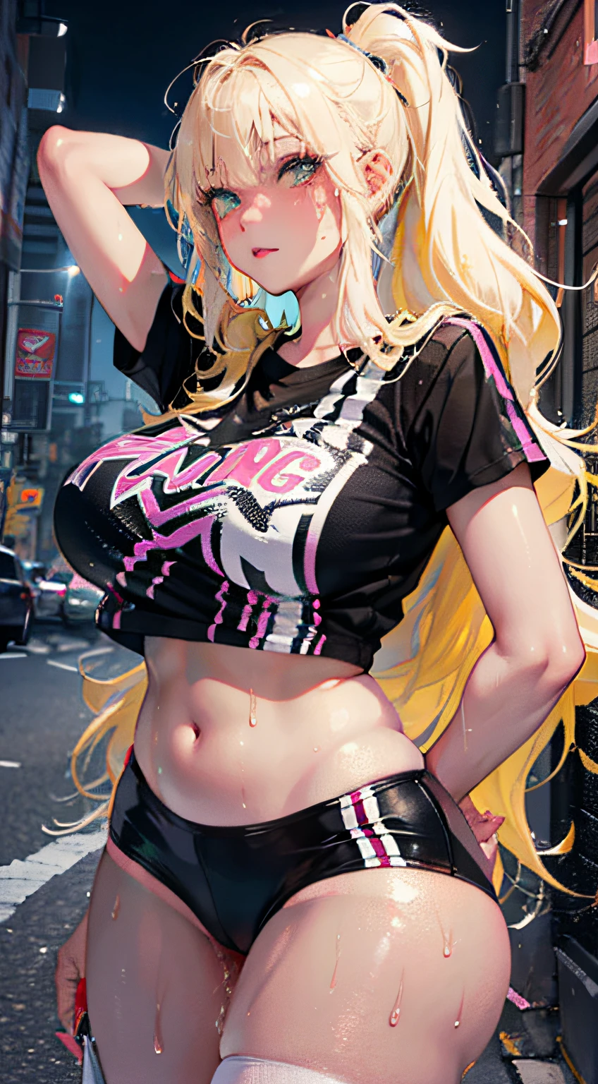 (1girl),large breasts, breasts, tan, dewy skin, sweaty skin, wavy blonde hair, punk tshirt, punk girl