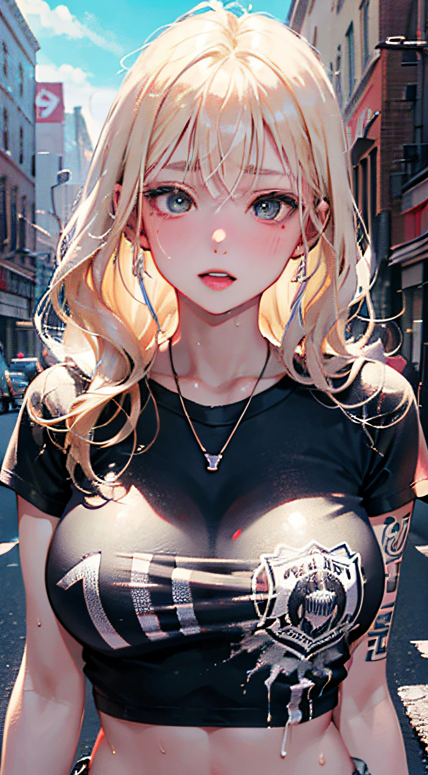 (1 girl),large breast, breast, tan, dewy skin, sweaty skin, blonde wavy hair, Punk T-shirt, punk girl
