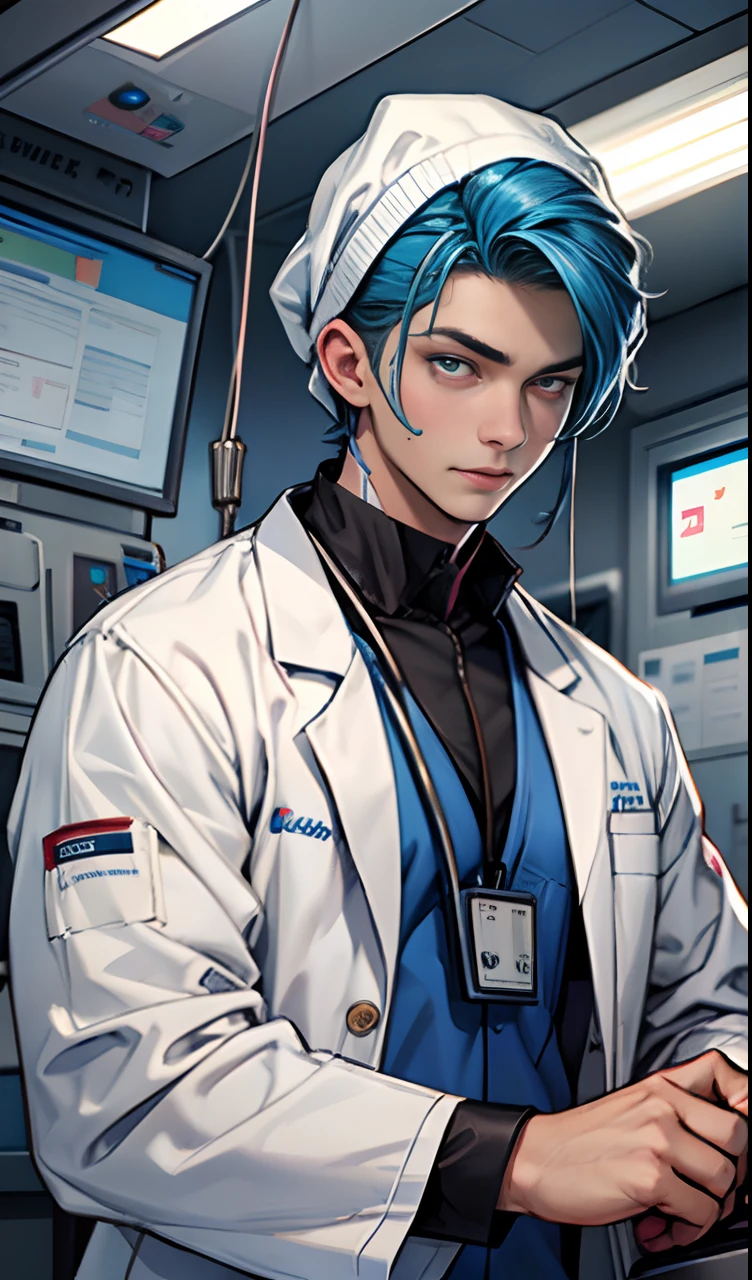 A young doctor man in a white coat,detailed eyes,beautiful eyes,In the operating room