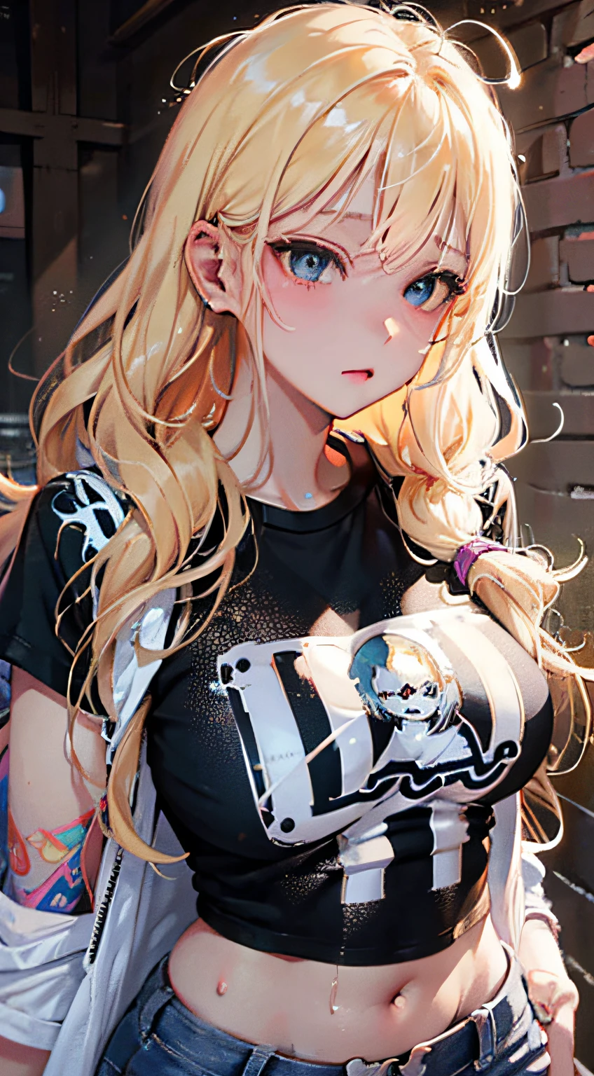 (1girl),large breasts, breasts, tan, dewy skin, sweaty skin, wavy blonde hair, punk tshirt, punk girl